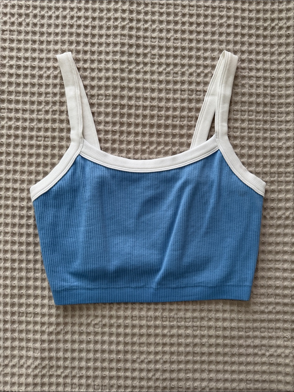 Blue Ribbed Tank Crop Top with Cream Trim